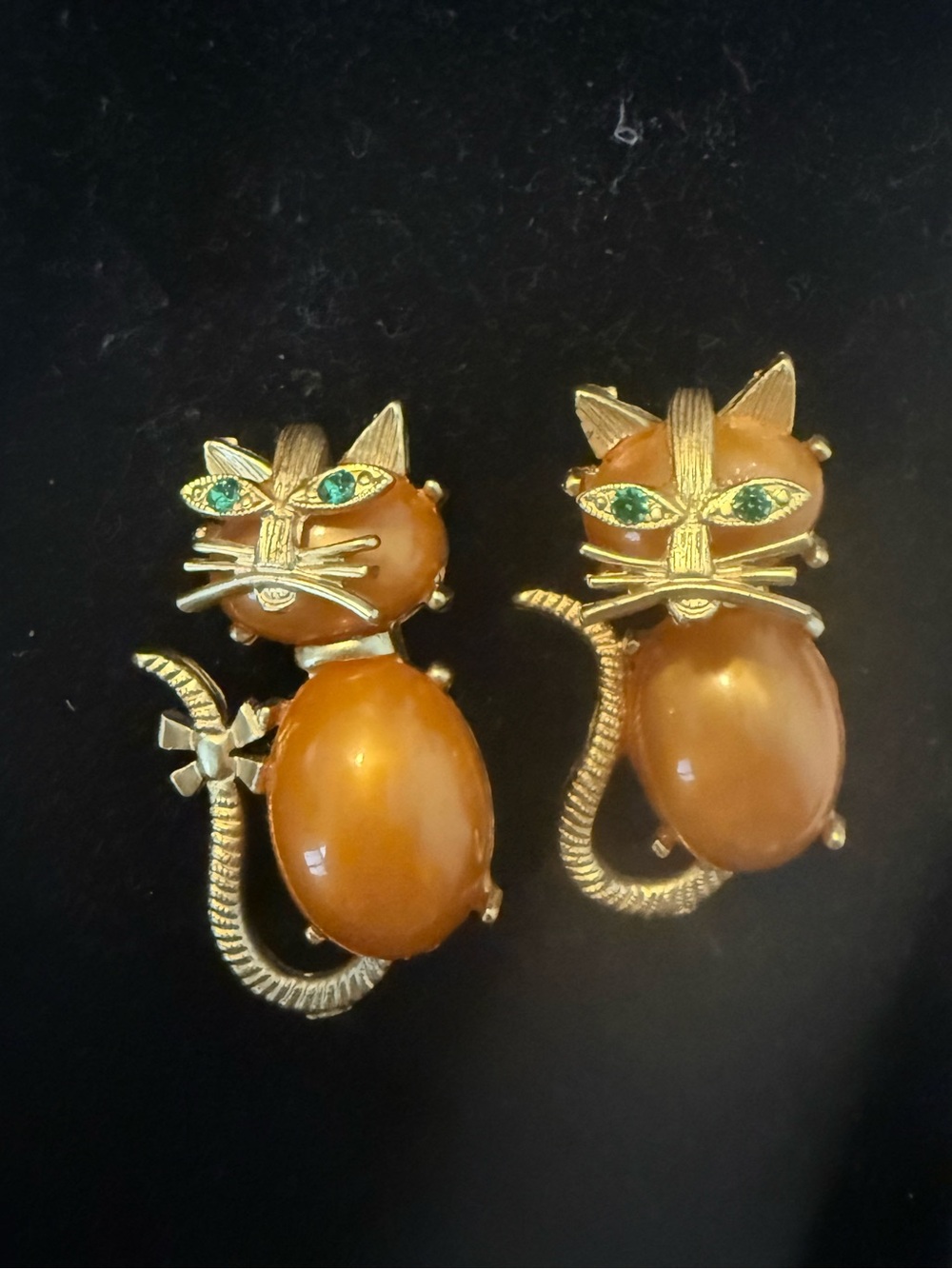Vintage Pair (2) Orange & Gold Jelly Cat Brooches